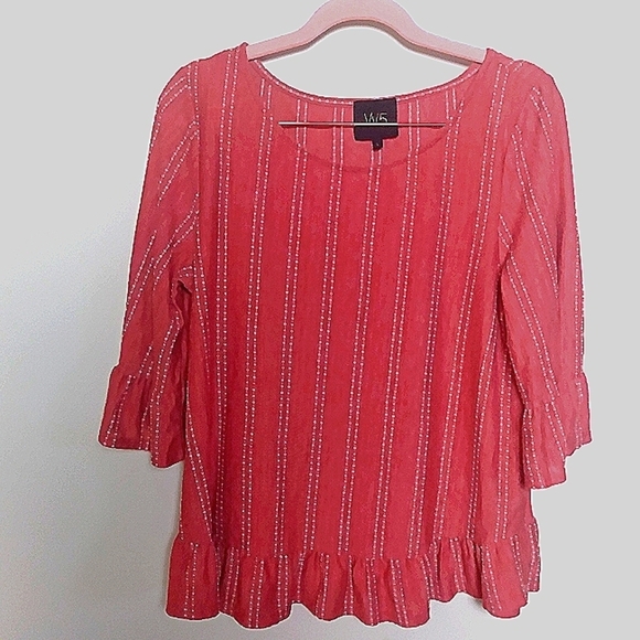Anthropologie W5 Coral and White Dot Stripe Quarter Sleeve Babydoll Blouse Large - Picture 2 of 7